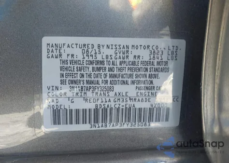 2015 Nissan Sentra S z USA, uszkodzony, nr VIN 3N1AB7AP3FY325083